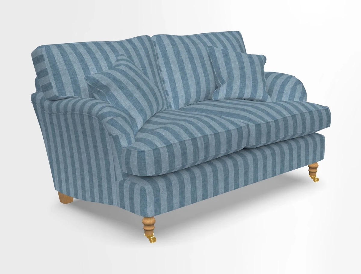 Alwinton 3 seater sofa in Ettas Stripe Moss with bolster cushion in Almost Plain Velvet Harvest