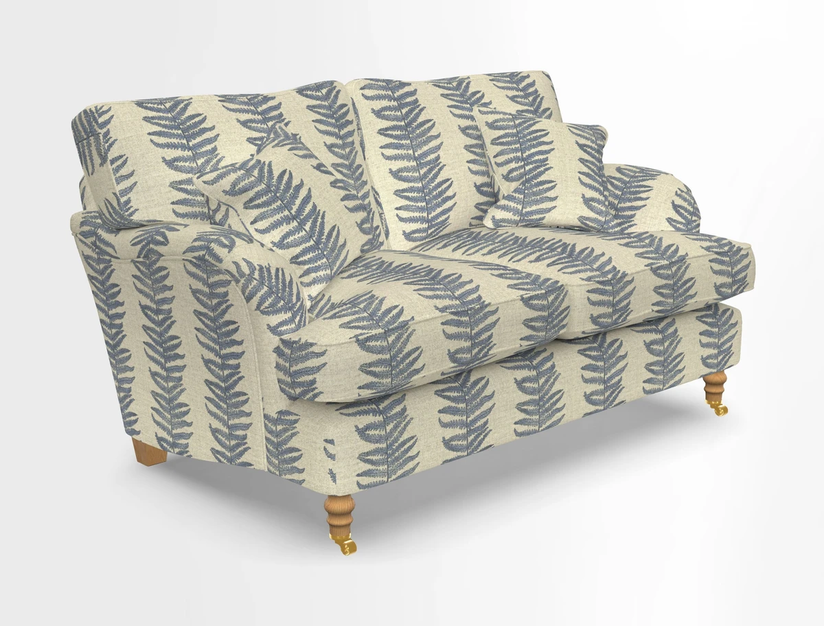 Alwinton 3 seater sofa in Ettas Stripe Moss with bolster cushion in Almost Plain Velvet Harvest