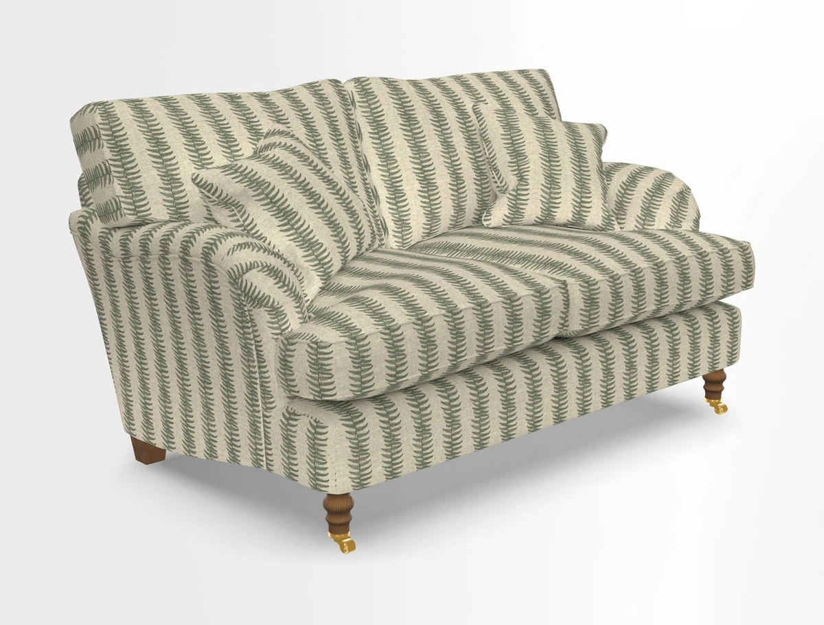 Alwinton 3 seater sofa in Ettas Stripe Moss with bolster cushion in Almost Plain Velvet Harvest
