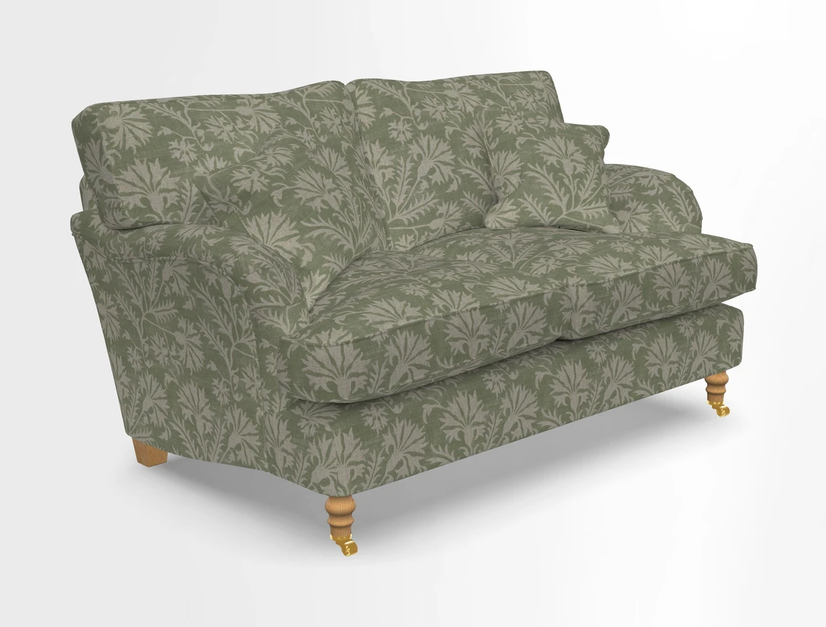 Alwinton 3 seater sofa in Ettas Stripe Moss with bolster cushion in Almost Plain Velvet Harvest