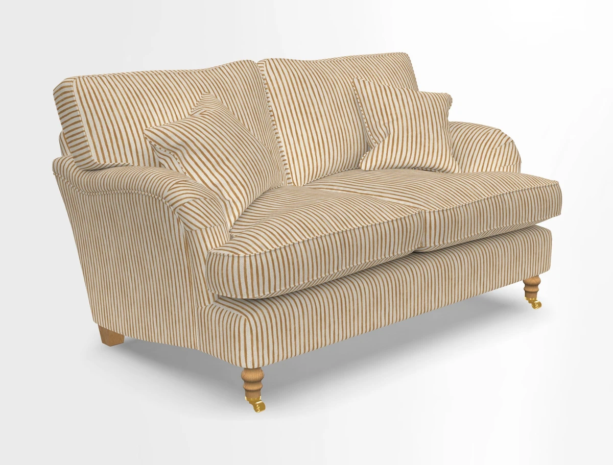 Alwinton 3 seater sofa in Ettas Stripe Moss with bolster cushion in Almost Plain Velvet Harvest
