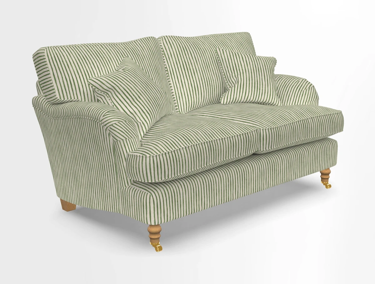 Alwinton 3 seater sofa in Ettas Stripe Moss with bolster cushion in Almost Plain Velvet Harvest