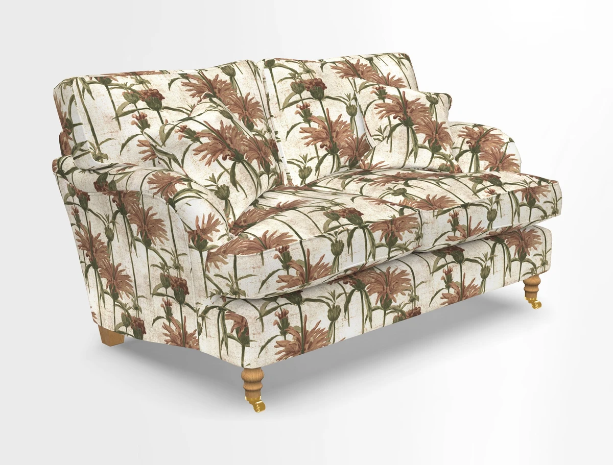Alwinton 3 seater sofa in Ettas Stripe Moss with bolster cushion in Almost Plain Velvet Harvest