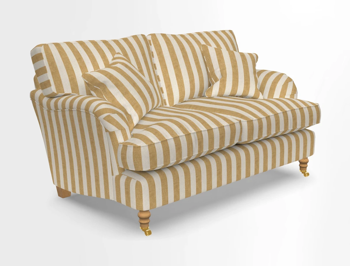 Alwinton 3 seater sofa in Ettas Stripe Moss with bolster cushion in Almost Plain Velvet Harvest