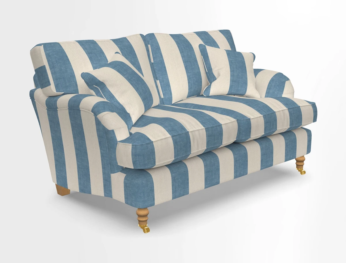 Alwinton 3 seater sofa in Ettas Stripe Moss with bolster cushion in Almost Plain Velvet Harvest