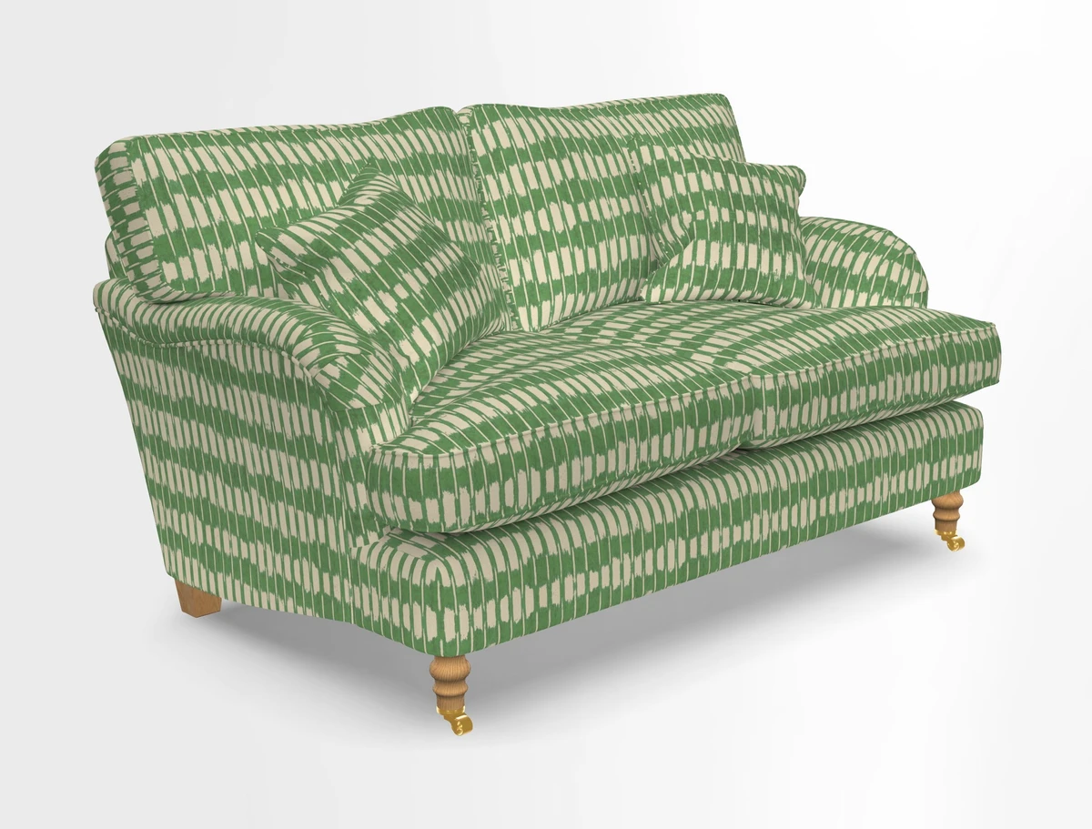 Alwinton 3 seater sofa in Ettas Stripe Moss with bolster cushion in Almost Plain Velvet Harvest