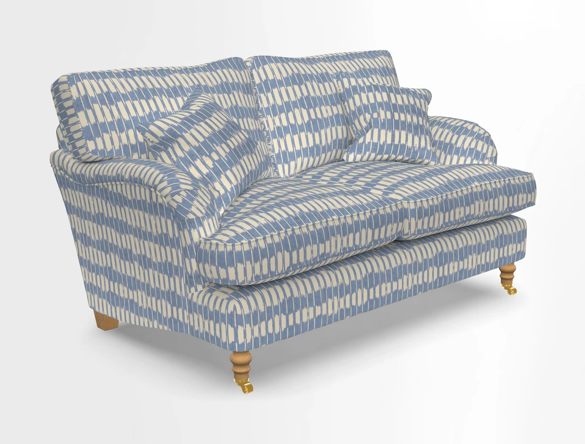 Alwinton 3 seater sofa in Ettas Stripe Moss with bolster cushion in Almost Plain Velvet Harvest