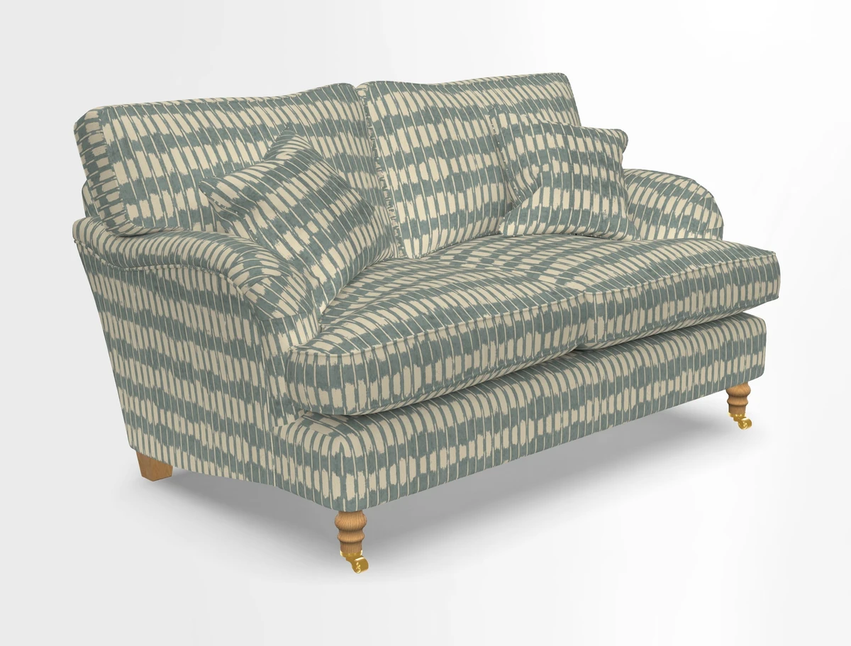 Alwinton 3 seater sofa in Ettas Stripe Moss with bolster cushion in Almost Plain Velvet Harvest