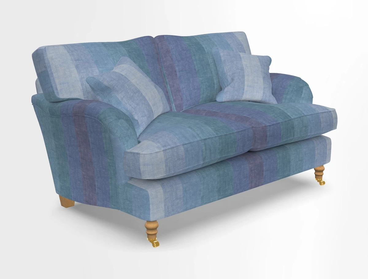Alwinton 3 seater sofa in Ettas Stripe Moss with bolster cushion in Almost Plain Velvet Harvest