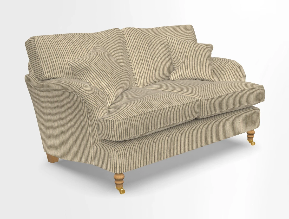 Alwinton 3 seater sofa in Ettas Stripe Moss with bolster cushion in Almost Plain Velvet Harvest