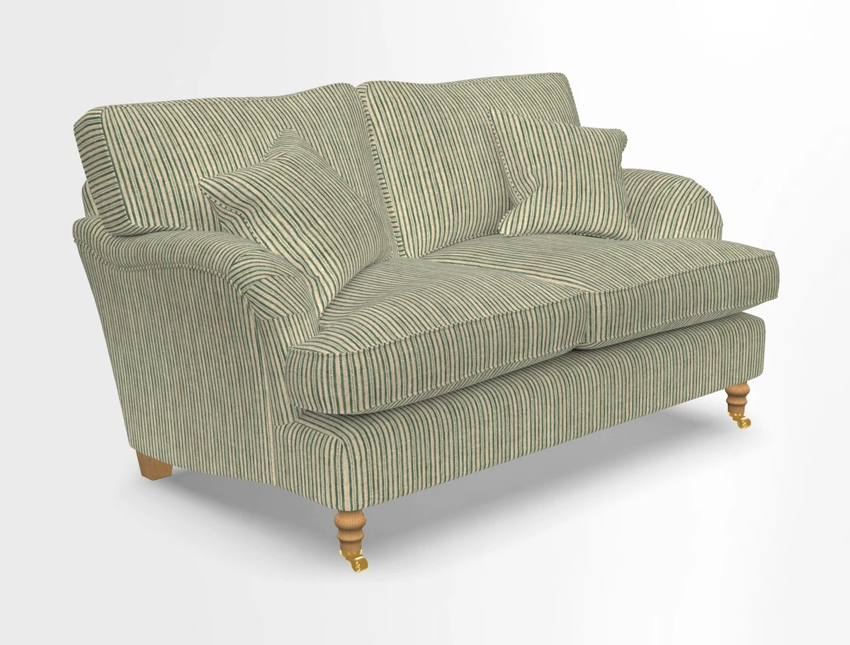 Alwinton 3 seater sofa in Ettas Stripe Moss with bolster cushion in Almost Plain Velvet Harvest