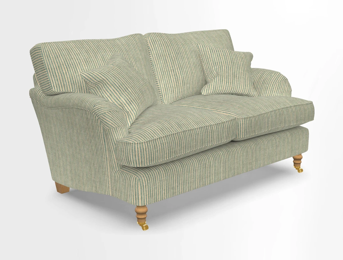 Alwinton 3 seater sofa in Ettas Stripe Moss with bolster cushion in Almost Plain Velvet Harvest