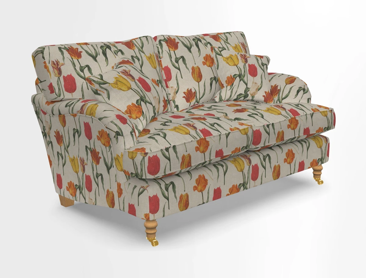 Alwinton 3 seater sofa in Ettas Stripe Moss with bolster cushion in Almost Plain Velvet Harvest