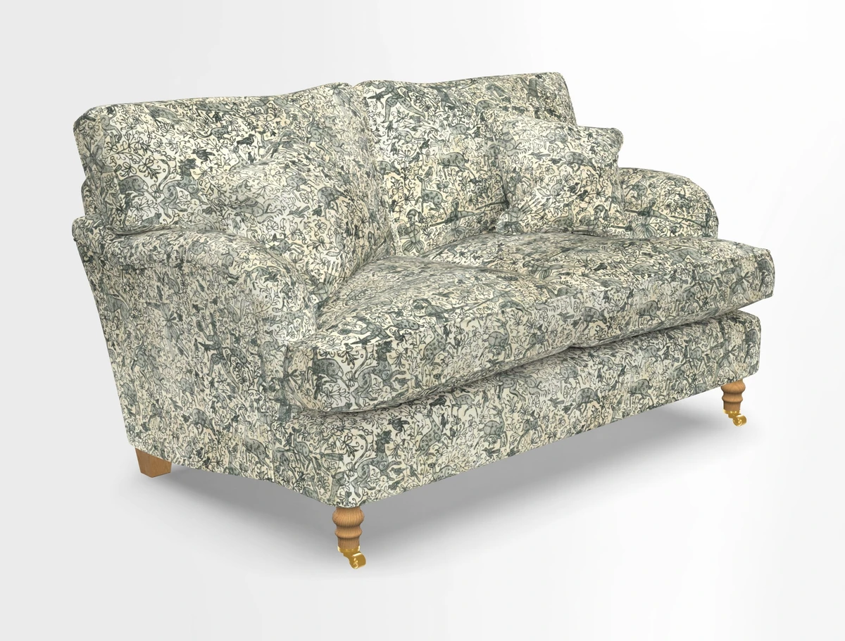 Alwinton 3 seater sofa in Ettas Stripe Moss with bolster cushion in Almost Plain Velvet Harvest
