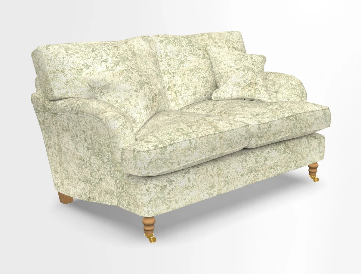 Alwinton 3 seater sofa in Ettas Stripe Moss with bolster cushion in Almost Plain Velvet Harvest