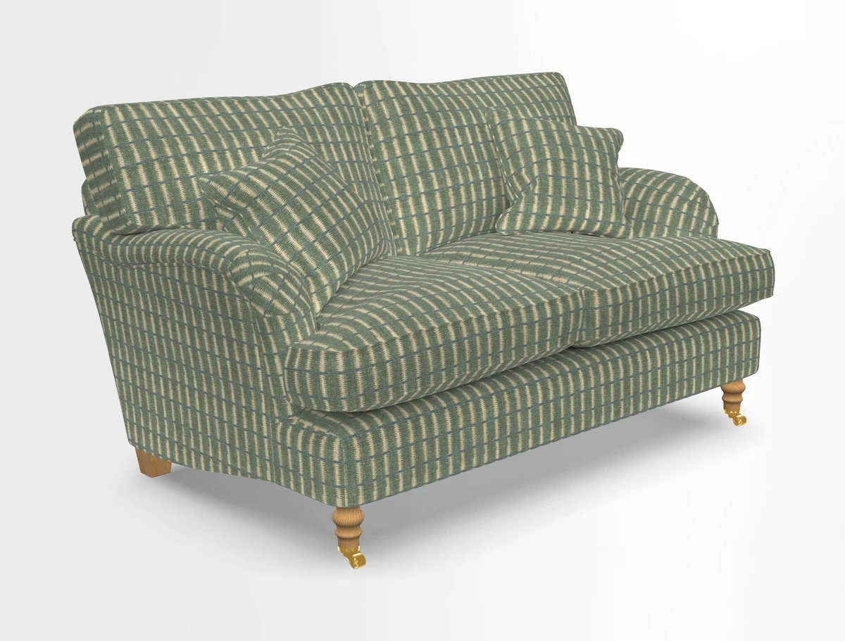 Alwinton 3 seater sofa in Ettas Stripe Moss with bolster cushion in Almost Plain Velvet Harvest