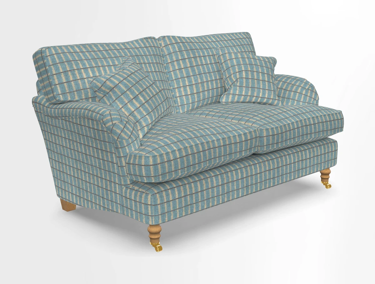 Alwinton 3 seater sofa in Ettas Stripe Moss with bolster cushion in Almost Plain Velvet Harvest
