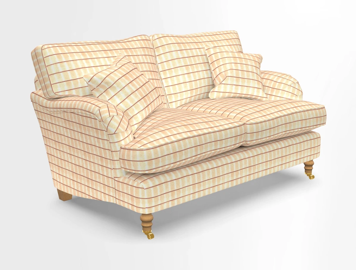 Alwinton 3 seater sofa in Ettas Stripe Moss with bolster cushion in Almost Plain Velvet Harvest