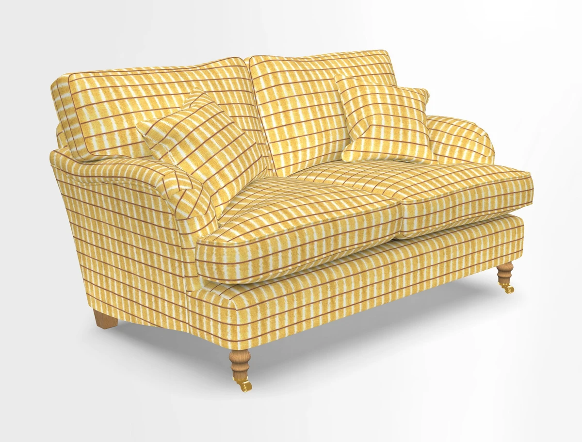 Alwinton 3 seater sofa in Ettas Stripe Moss with bolster cushion in Almost Plain Velvet Harvest