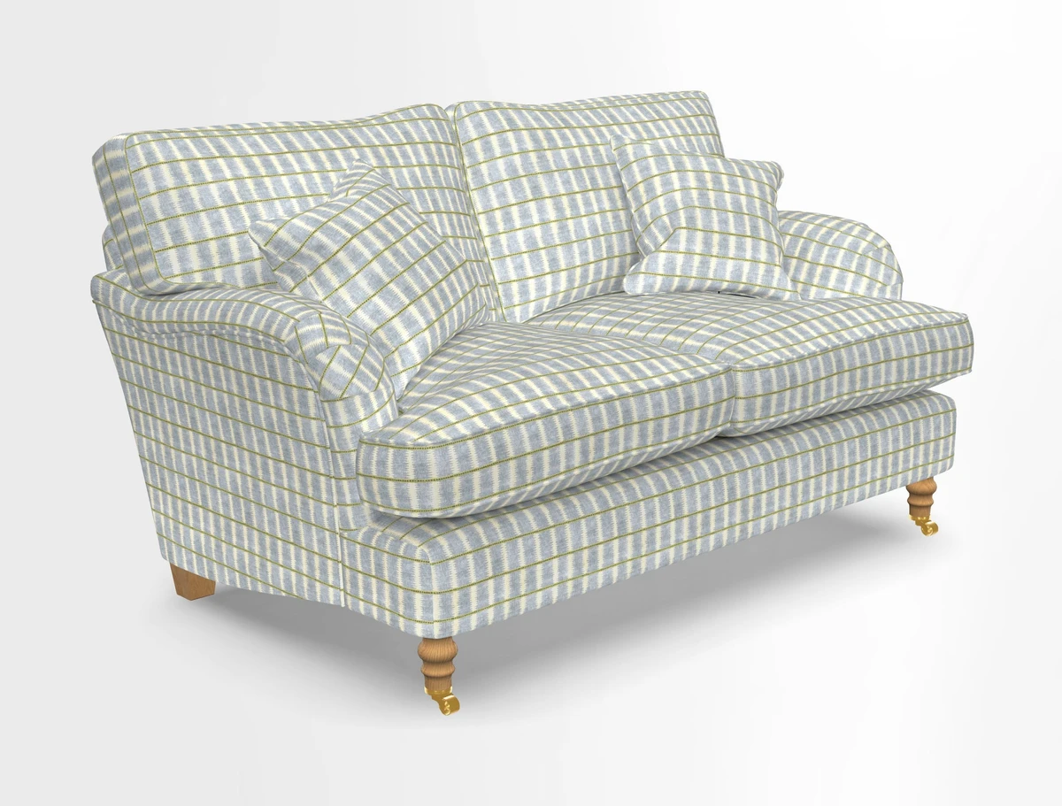 Alwinton 3 seater sofa in Ettas Stripe Moss with bolster cushion in Almost Plain Velvet Harvest