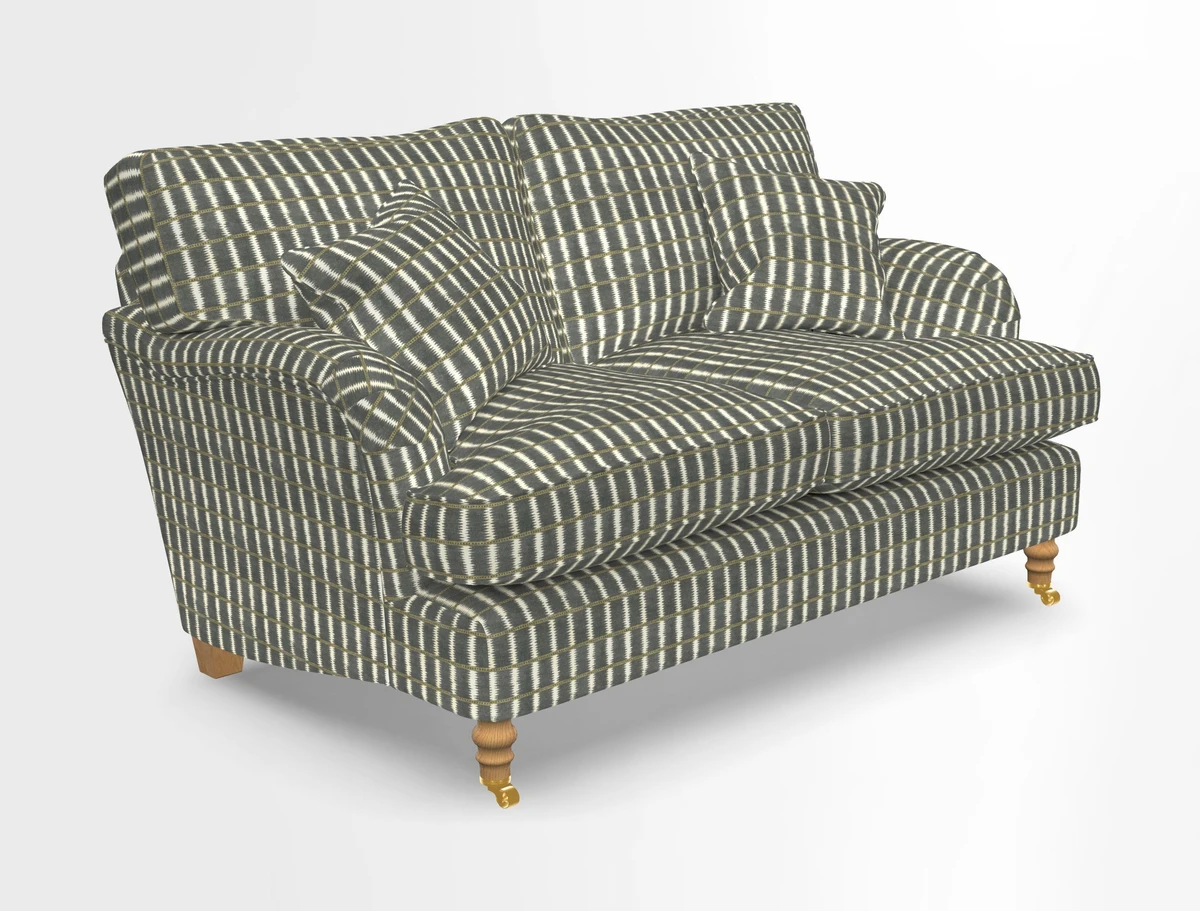 Alwinton 3 seater sofa in Ettas Stripe Moss with bolster cushion in Almost Plain Velvet Harvest