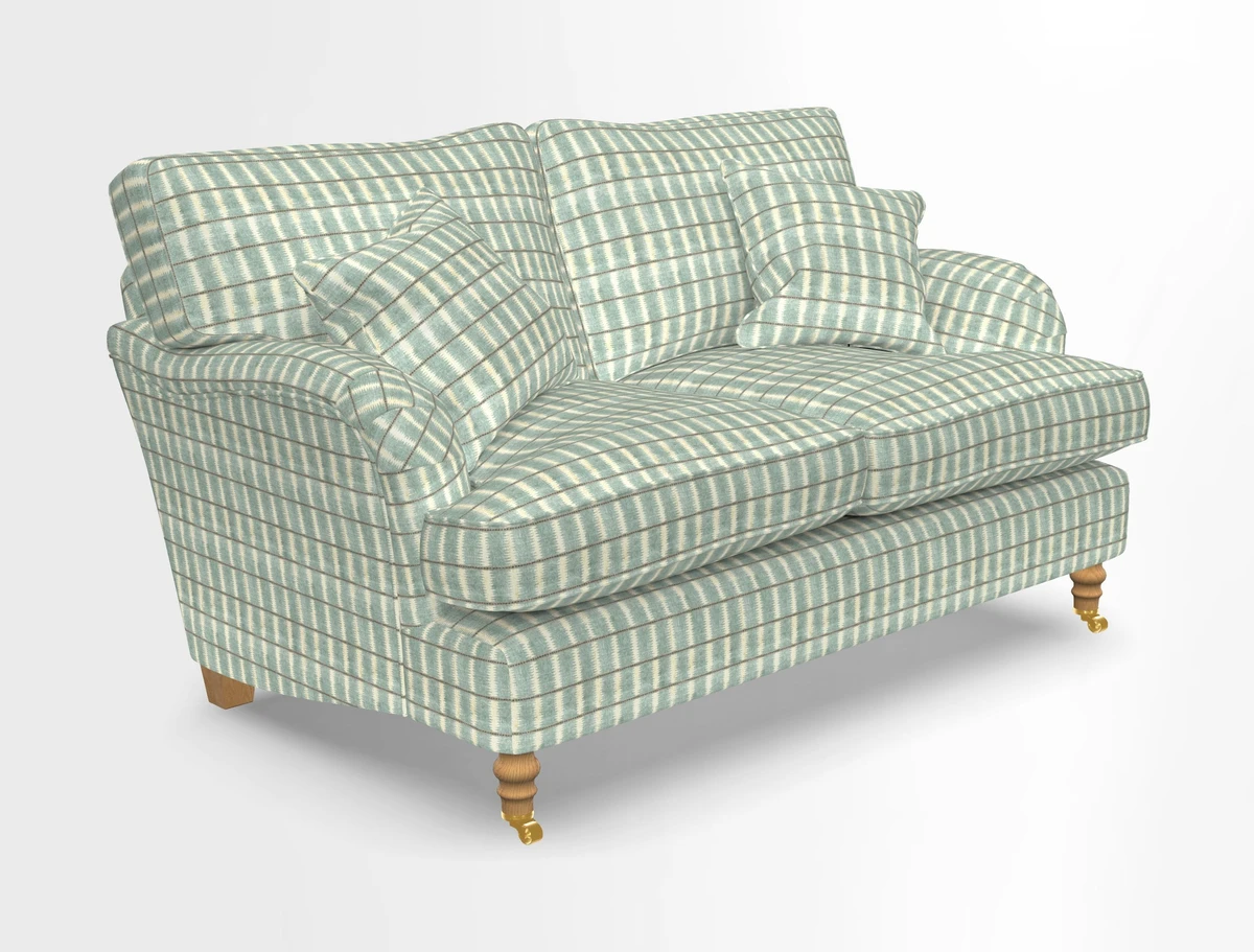 Alwinton 3 seater sofa in Ettas Stripe Moss with bolster cushion in Almost Plain Velvet Harvest