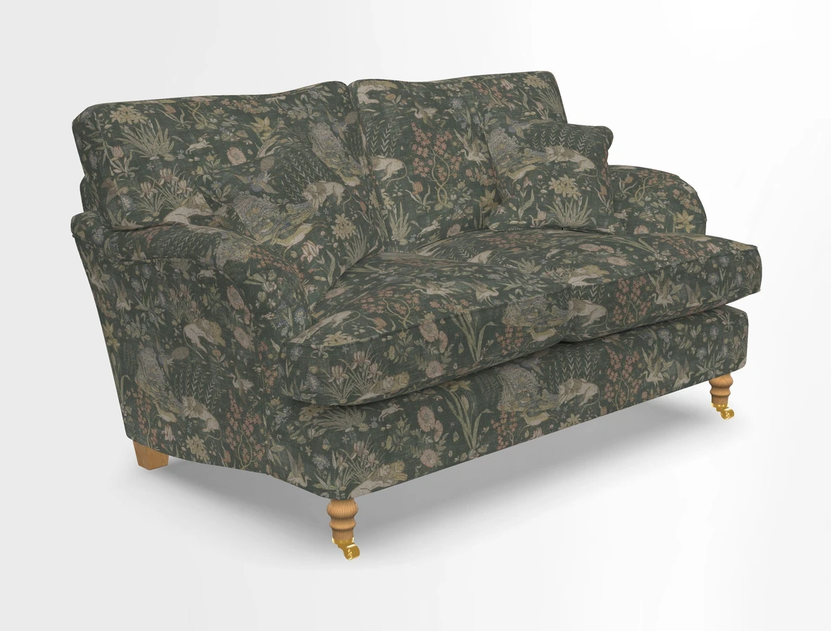 Alwinton 3 seater sofa in Ettas Stripe Moss with bolster cushion in Almost Plain Velvet Harvest