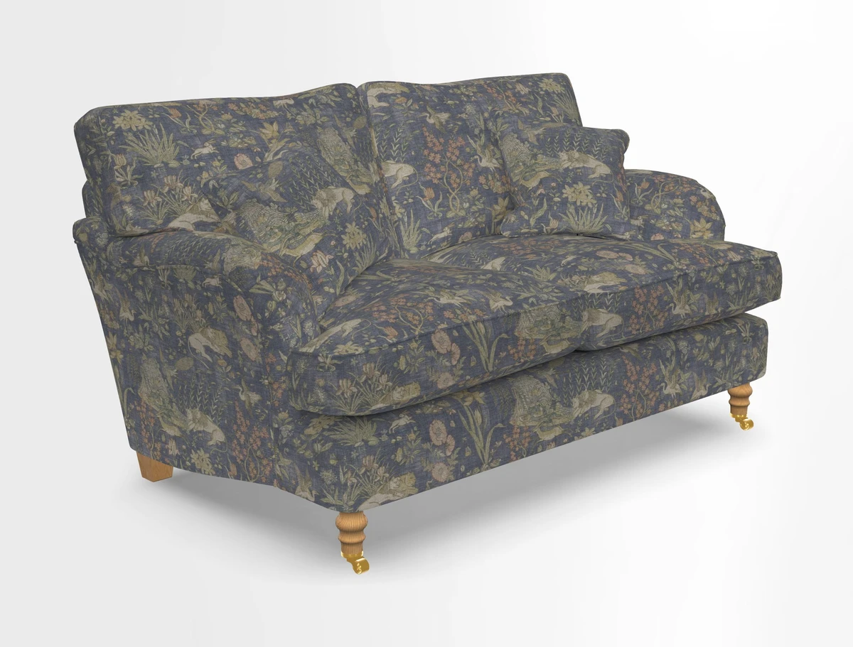 Alwinton 3 seater sofa in Ettas Stripe Moss with bolster cushion in Almost Plain Velvet Harvest