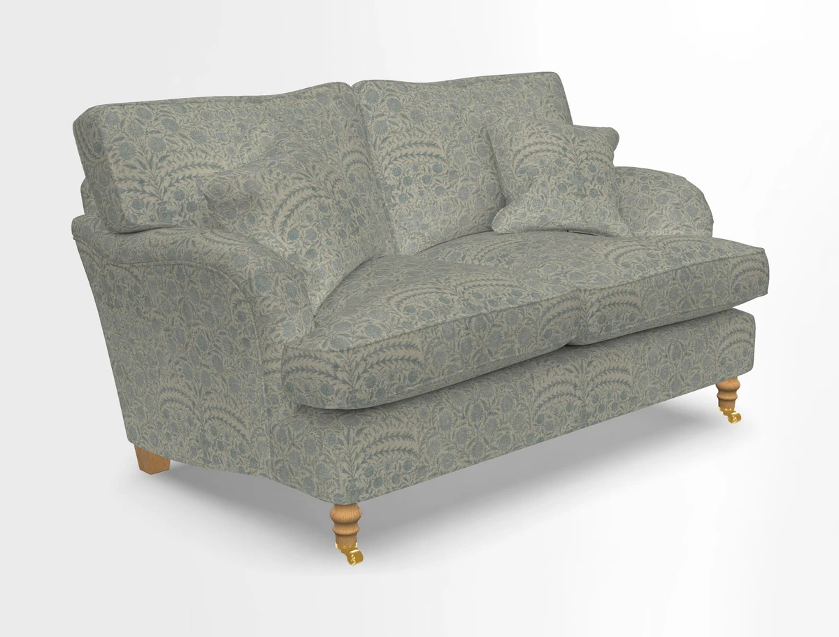 Alwinton 3 seater sofa in Ettas Stripe Moss with bolster cushion in Almost Plain Velvet Harvest