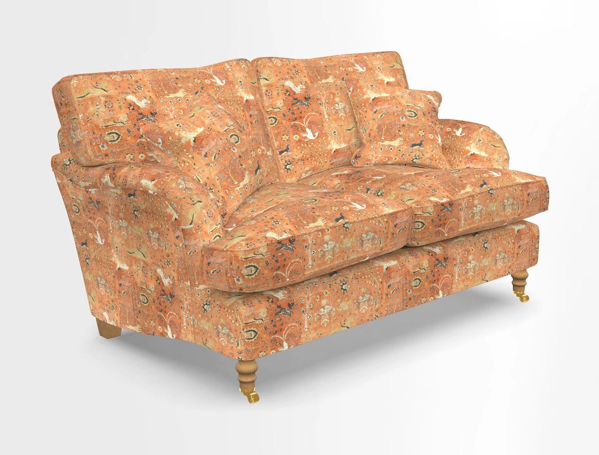 Alwinton 3 seater sofa in Ettas Stripe Moss with bolster cushion in Almost Plain Velvet Harvest