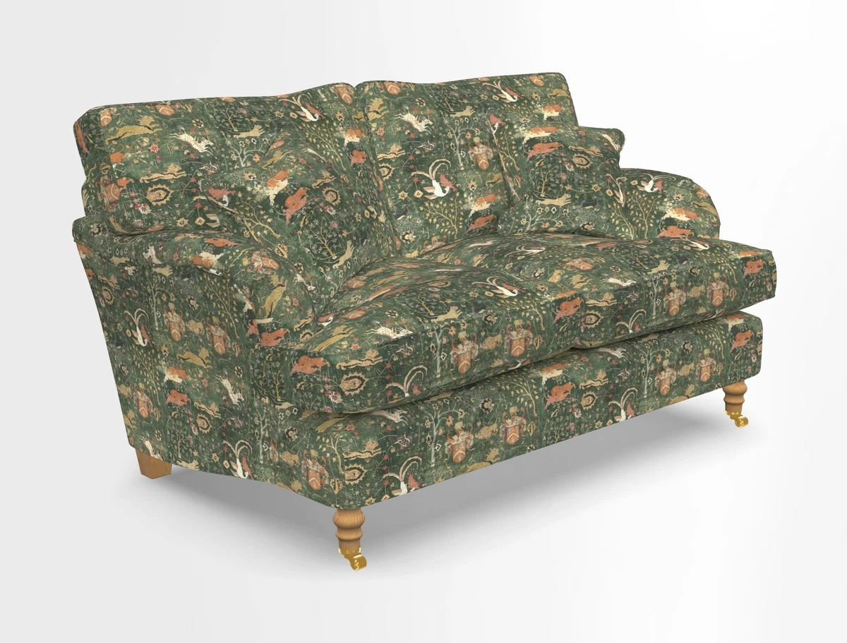 Alwinton 3 seater sofa in Ettas Stripe Moss with bolster cushion in Almost Plain Velvet Harvest