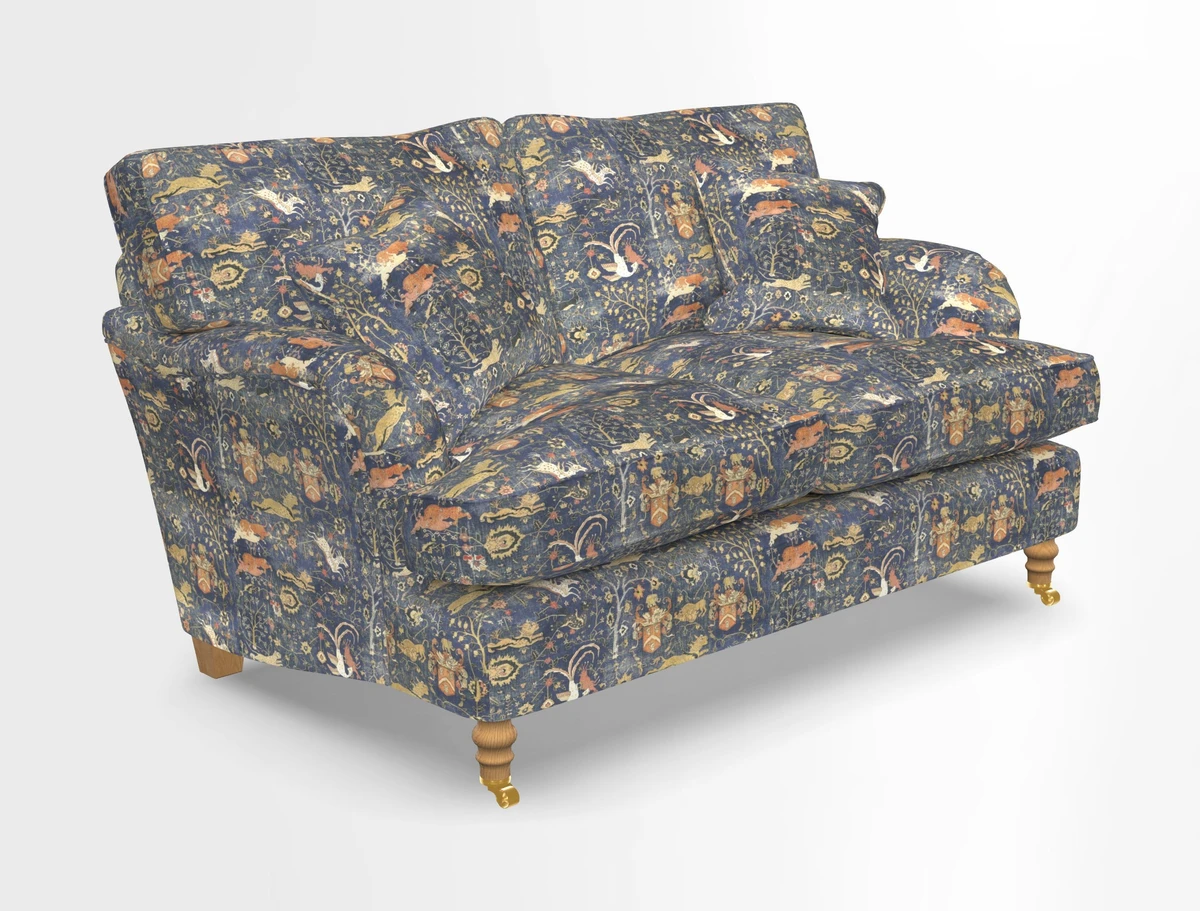 Alwinton 3 seater sofa in Ettas Stripe Moss with bolster cushion in Almost Plain Velvet Harvest