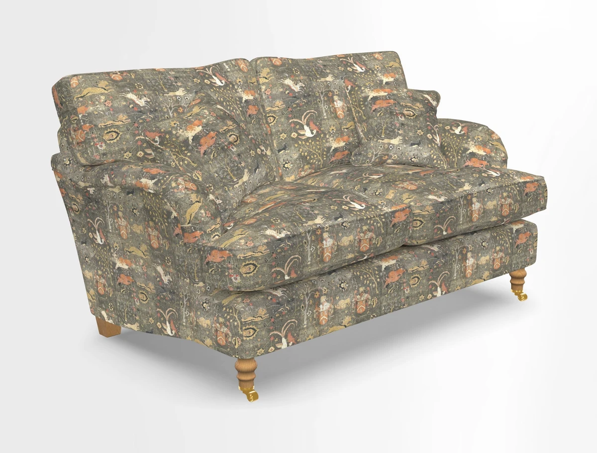 Alwinton 3 seater sofa in Ettas Stripe Moss with bolster cushion in Almost Plain Velvet Harvest