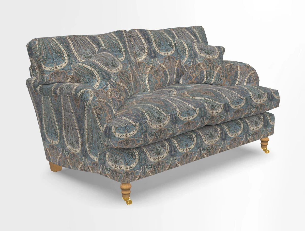Alwinton 3 seater sofa in Ettas Stripe Moss with bolster cushion in Almost Plain Velvet Harvest