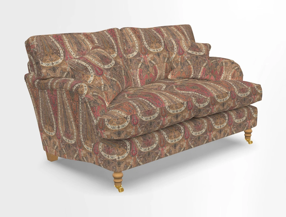 Alwinton 3 seater sofa in Ettas Stripe Moss with bolster cushion in Almost Plain Velvet Harvest