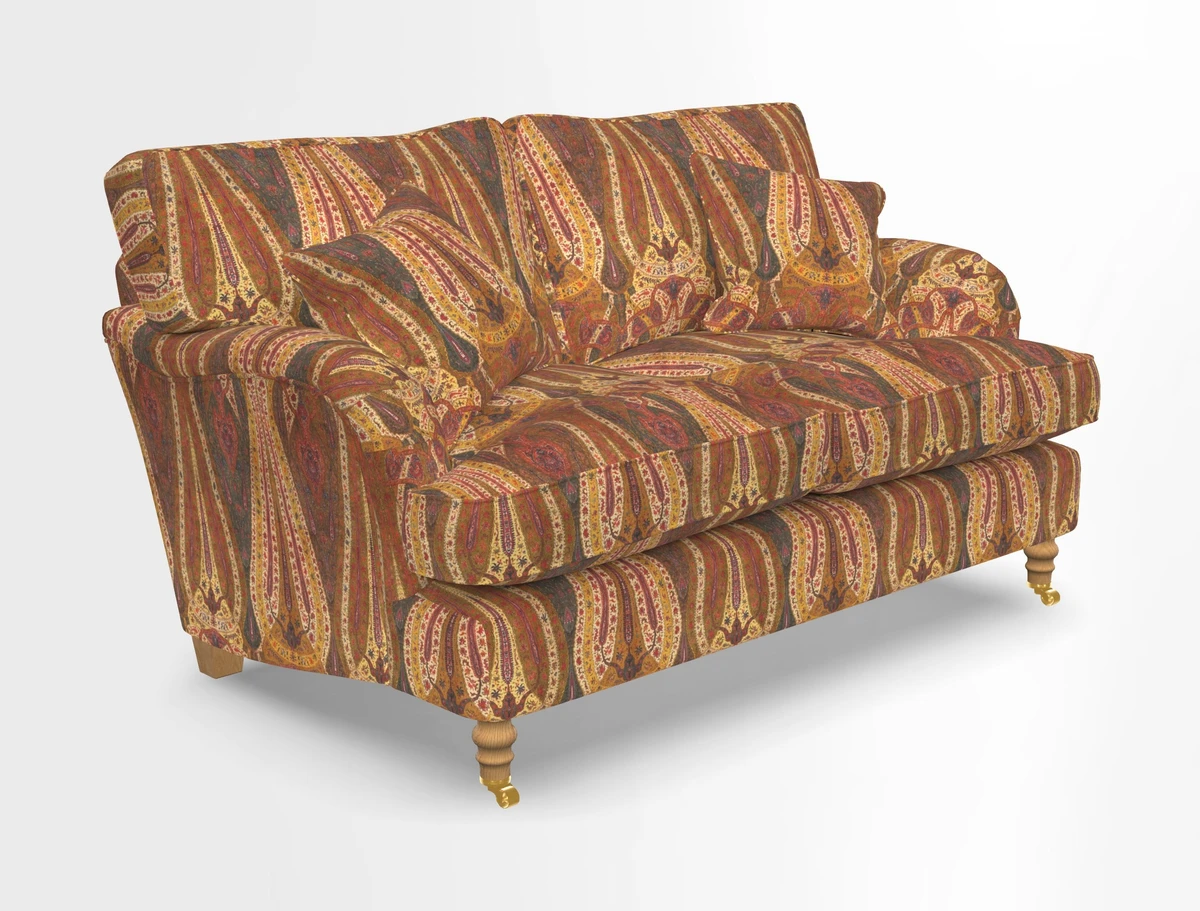 Alwinton 3 seater sofa in Ettas Stripe Moss with bolster cushion in Almost Plain Velvet Harvest