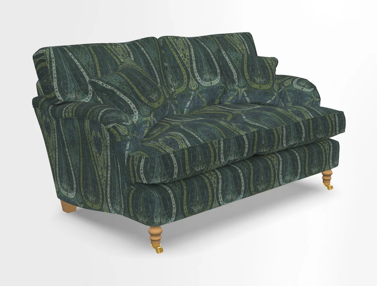 Alwinton 3 seater sofa in Ettas Stripe Moss with bolster cushion in Almost Plain Velvet Harvest