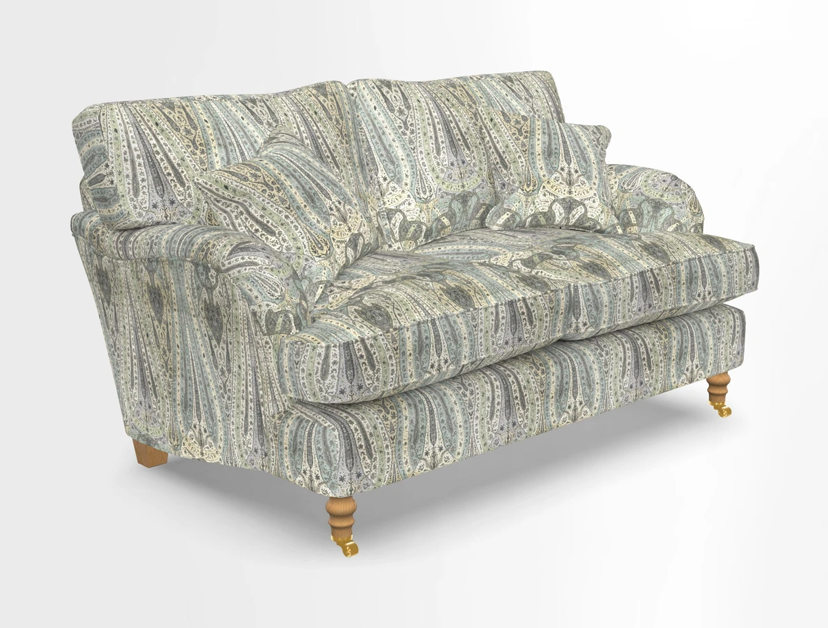 Alwinton 3 seater sofa in Ettas Stripe Moss with bolster cushion in Almost Plain Velvet Harvest