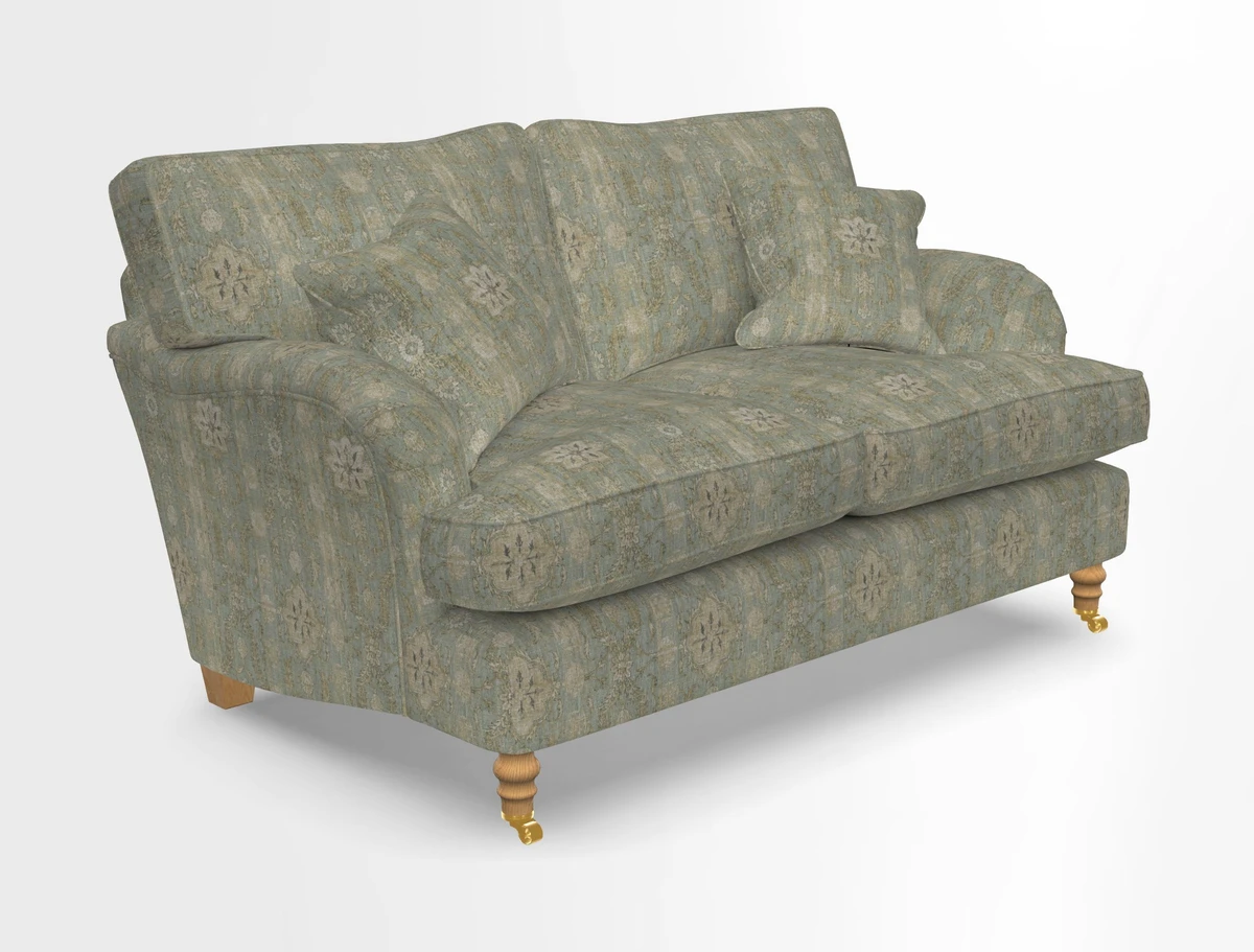 Alwinton 3 seater sofa in Ettas Stripe Moss with bolster cushion in Almost Plain Velvet Harvest