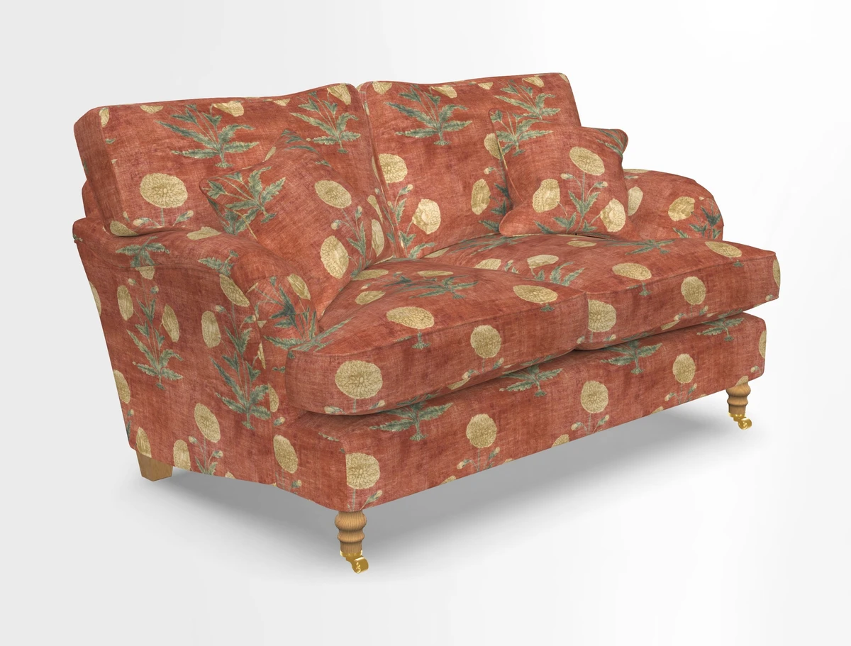 Alwinton 3 seater sofa in Ettas Stripe Moss with bolster cushion in Almost Plain Velvet Harvest
