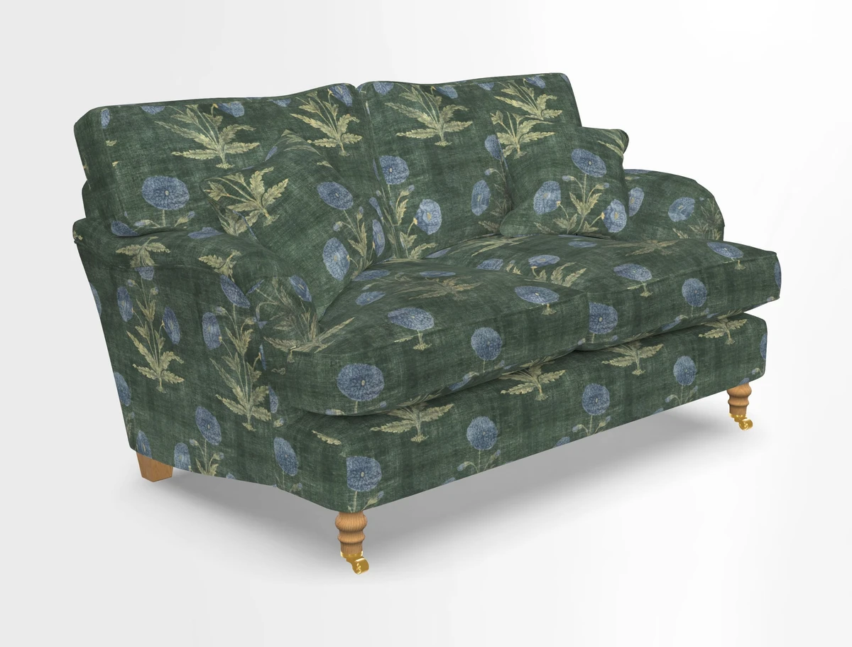 Alwinton 3 seater sofa in Ettas Stripe Moss with bolster cushion in Almost Plain Velvet Harvest