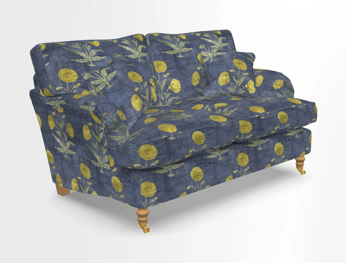 Alwinton 3 seater sofa in Ettas Stripe Moss with bolster cushion in Almost Plain Velvet Harvest