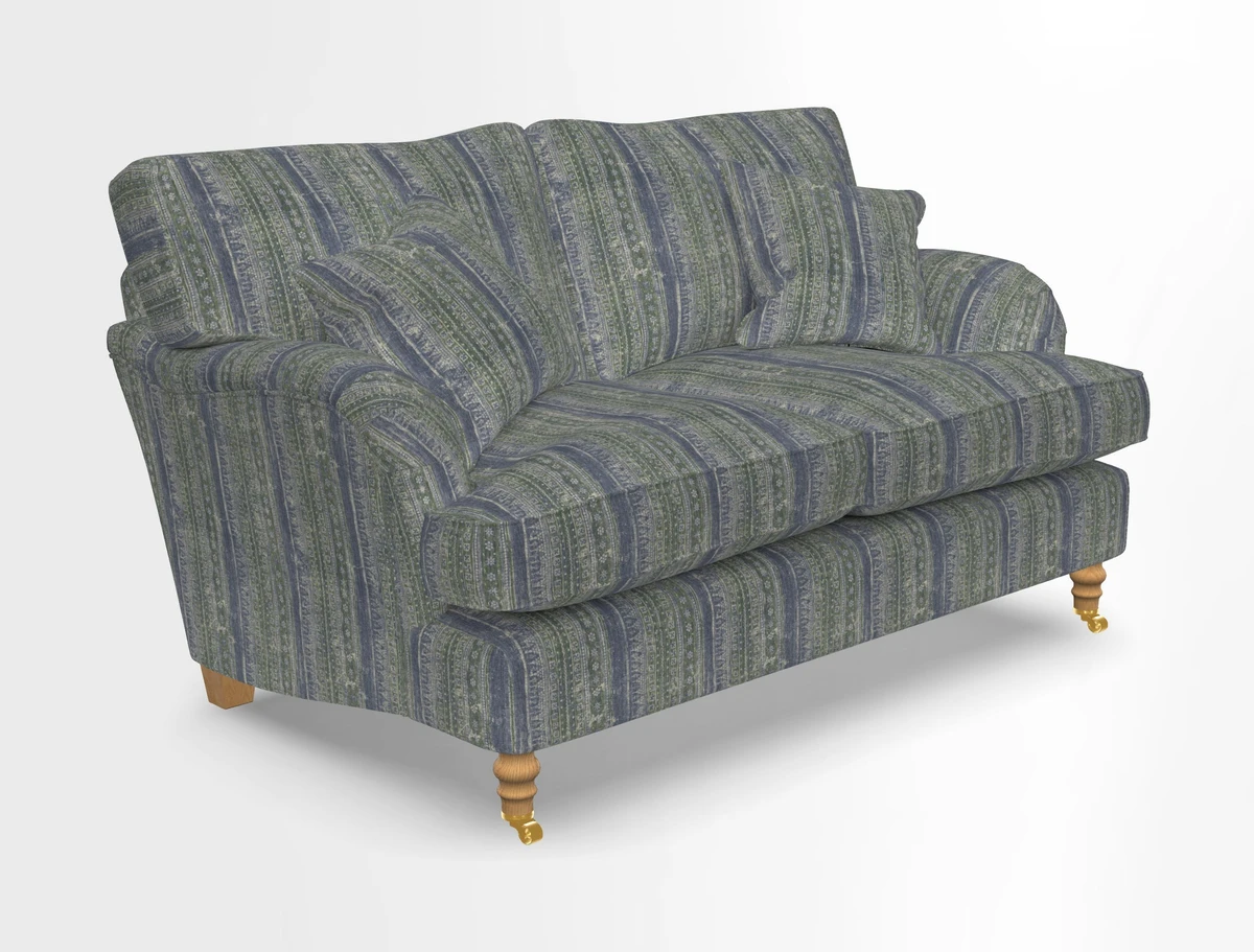 Alwinton 3 seater sofa in Ettas Stripe Moss with bolster cushion in Almost Plain Velvet Harvest