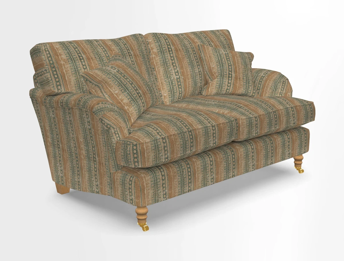 Alwinton 3 seater sofa in Ettas Stripe Moss with bolster cushion in Almost Plain Velvet Harvest