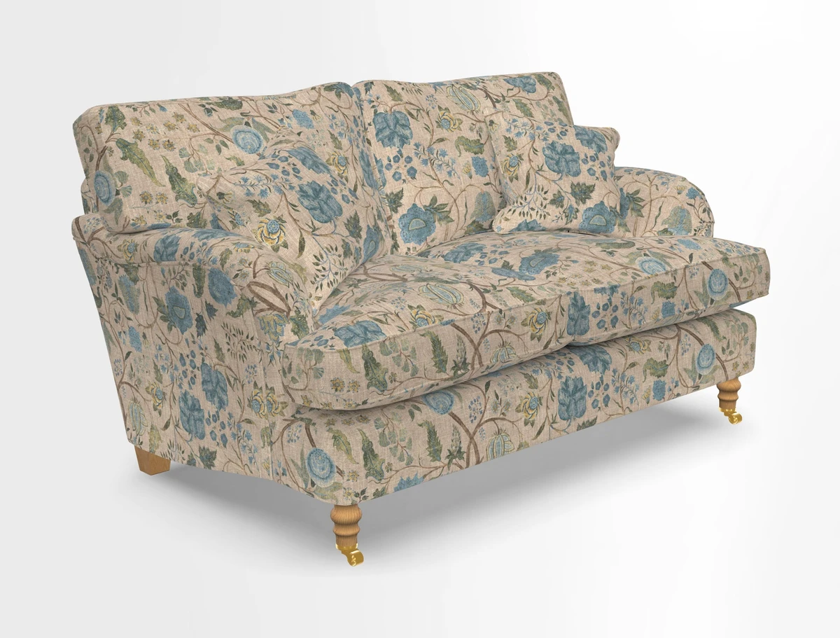 Alwinton 3 seater sofa in Ettas Stripe Moss with bolster cushion in Almost Plain Velvet Harvest