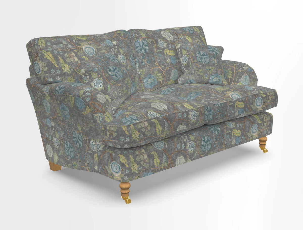 Alwinton 3 seater sofa in Ettas Stripe Moss with bolster cushion in Almost Plain Velvet Harvest