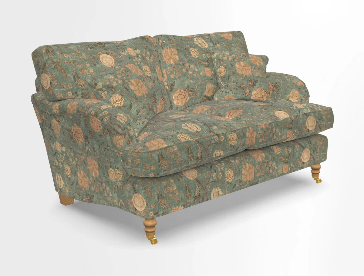 Alwinton 3 seater sofa in Ettas Stripe Moss with bolster cushion in Almost Plain Velvet Harvest