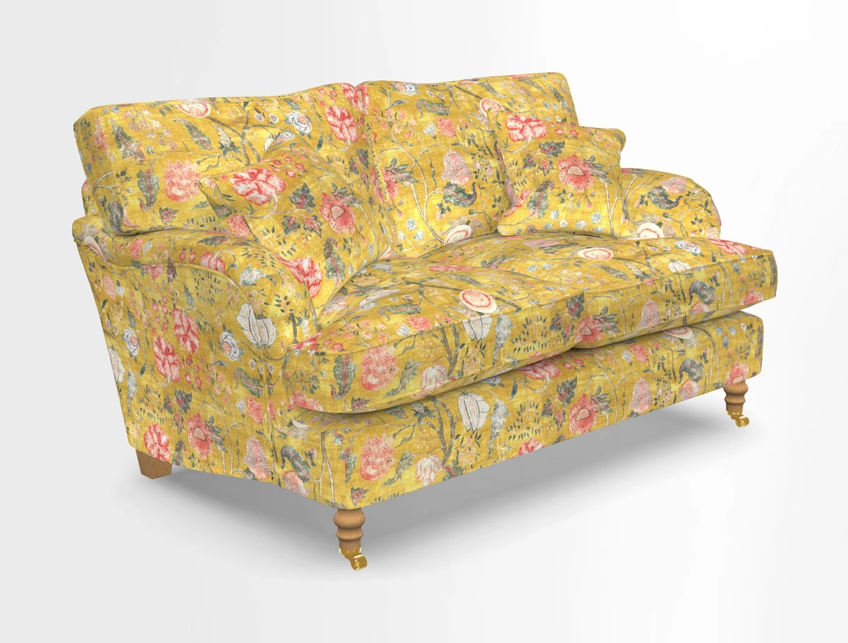 Alwinton 3 seater sofa in Ettas Stripe Moss with bolster cushion in Almost Plain Velvet Harvest