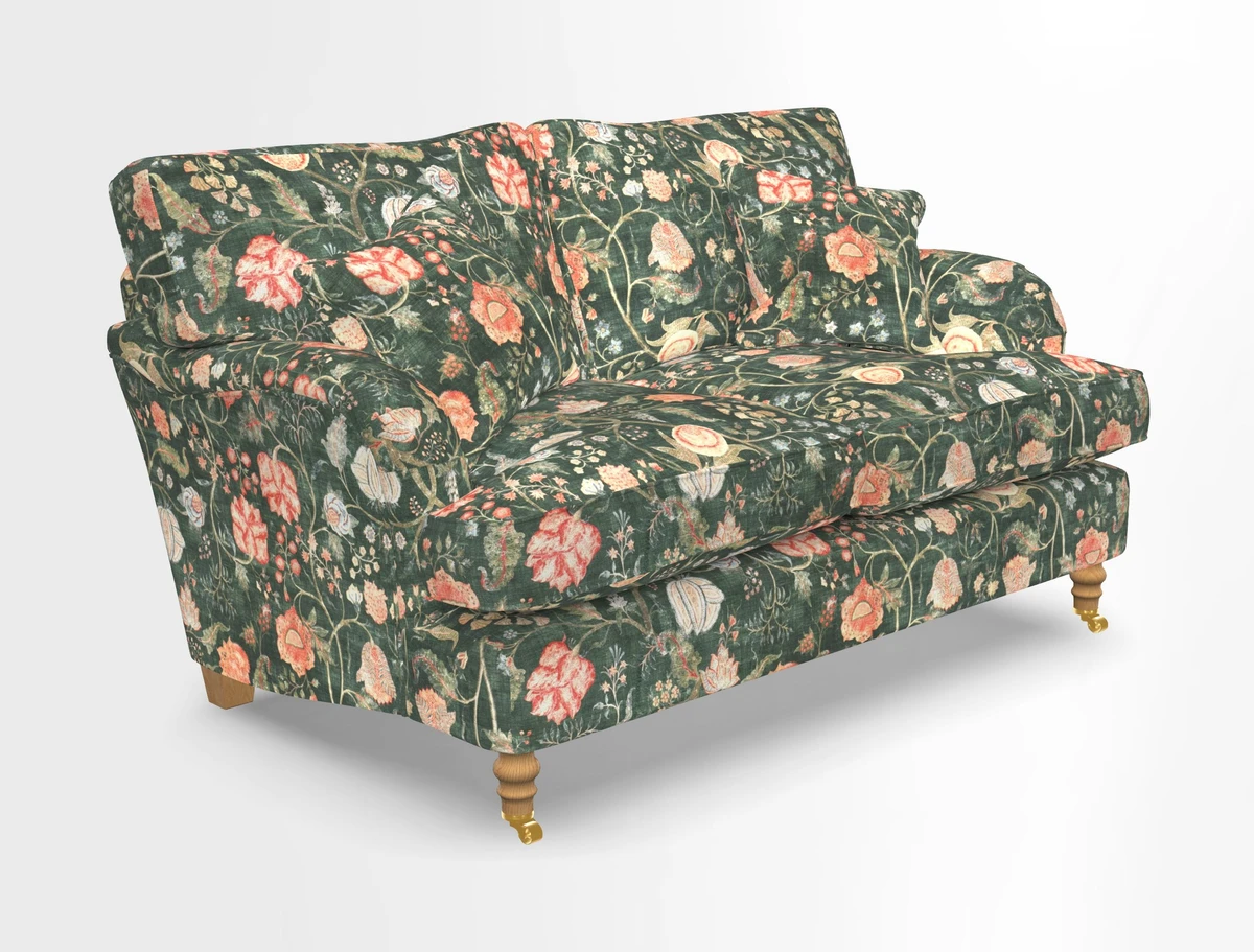 Alwinton 3 seater sofa in Ettas Stripe Moss with bolster cushion in Almost Plain Velvet Harvest