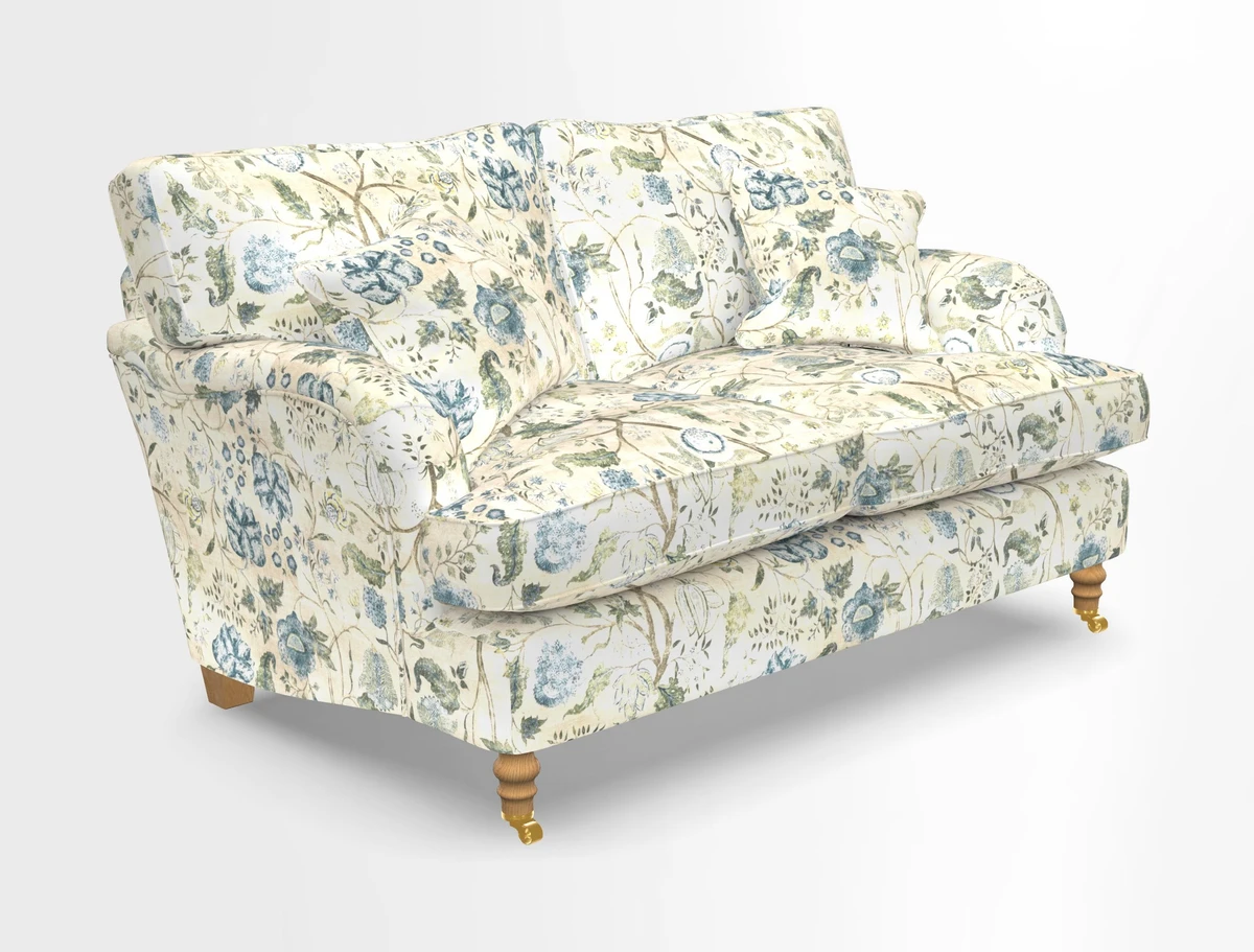 Alwinton 3 seater sofa in Ettas Stripe Moss with bolster cushion in Almost Plain Velvet Harvest